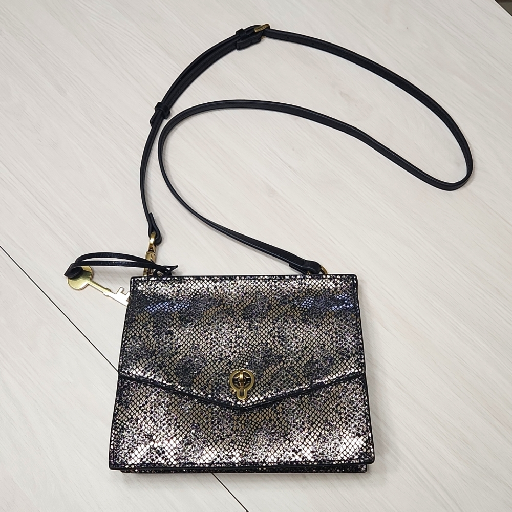 Fossil Leather Metallic Snake Print Cross Body Bag 🌟Black & Silver🌟